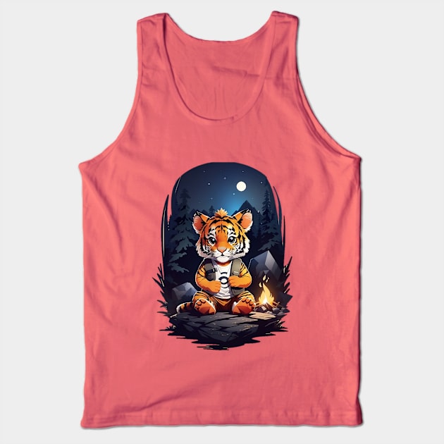 Tiger cub at campfire forrest starry night cartoon graphic art for kids Tank Top by Norbinho